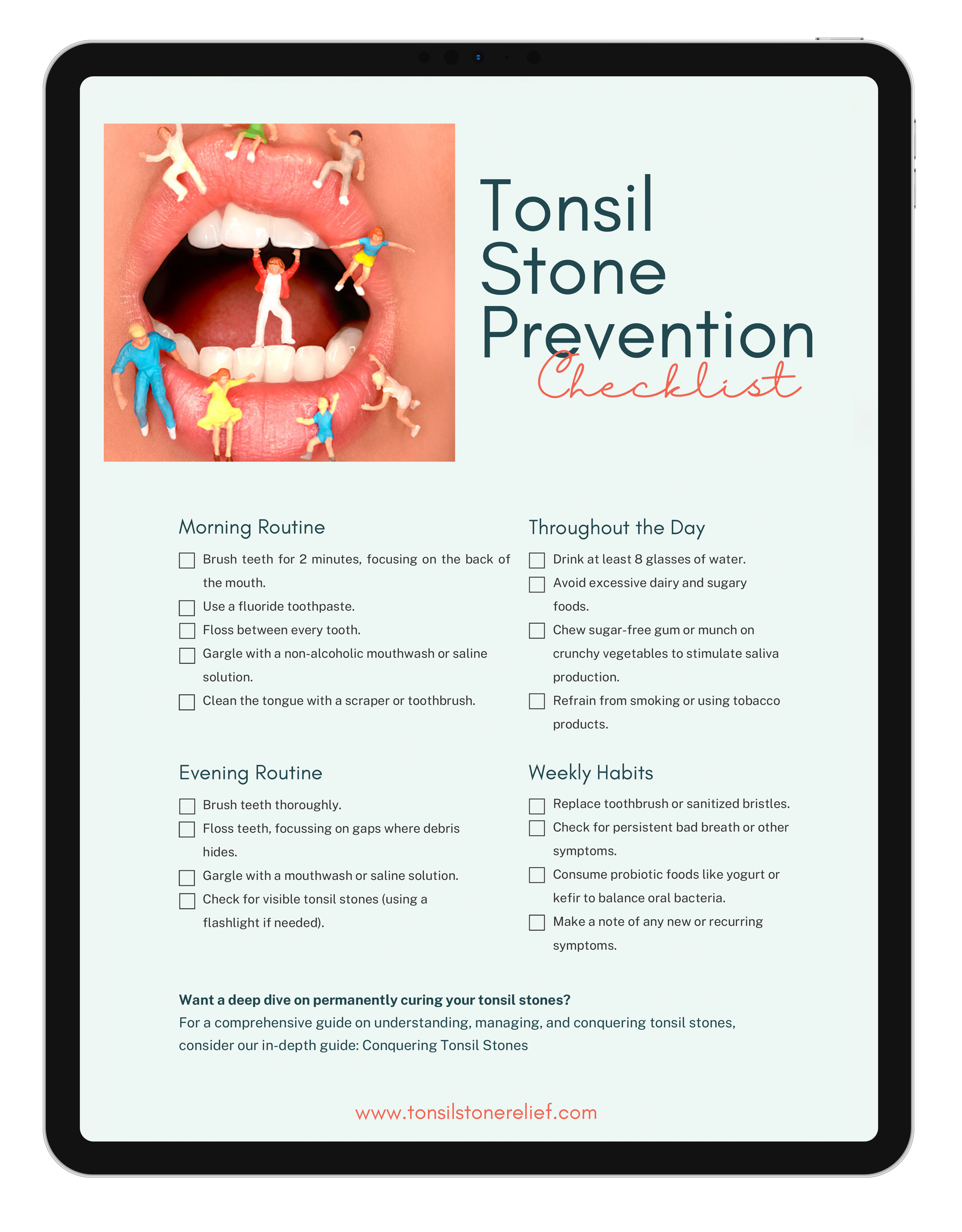 Digital tablet displaying 'Tonsil Stone Prevention Checklist' with daily routines and weekly habits for oral hygiene on a backdrop of an open mouth with miniature figures demonstrating the steps.